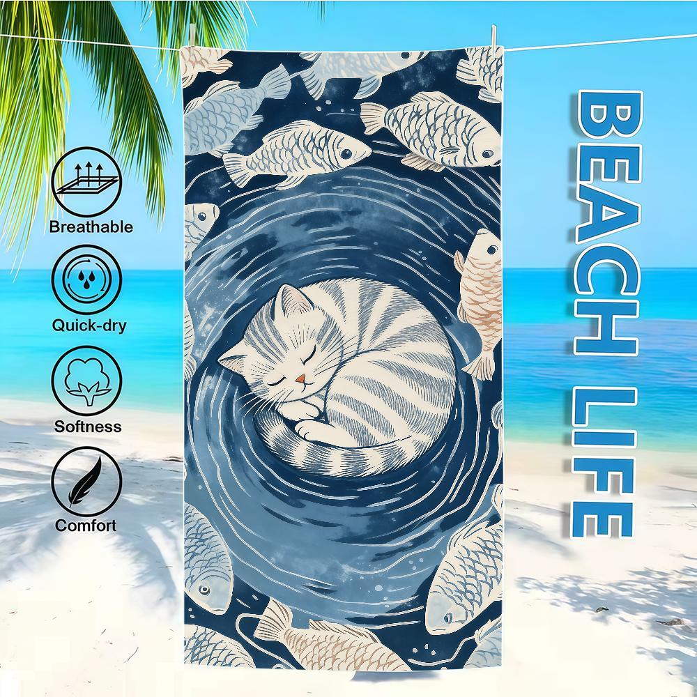 

Fish Towel Textile Bathrobe Beach Pattern Quick-Drying Funny Cat Lightweight Portable Retro Camping Swim Pool Travel W40*H60(CM)