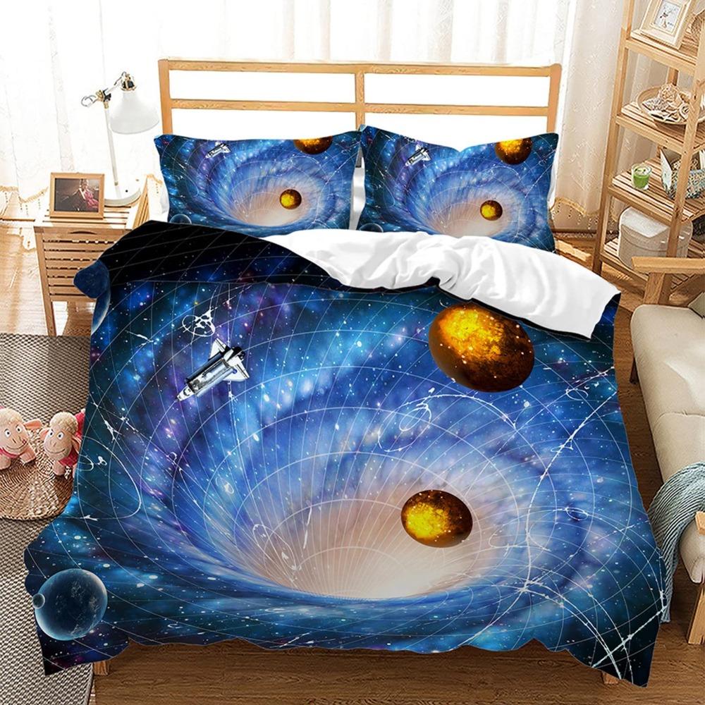 3D Space Planet Printed Down Duvet Cover Pillowcase with Universe Starry Sky Pattern Bedding Set for Kids, Home Decoration Gift for Teenagers