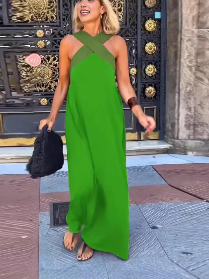2026 Cross-Border European American Fashion Patchwork Strapless Halterneck Vacation Dress