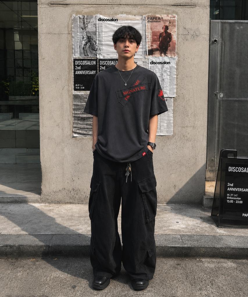 Seuteijial Signature Frame Pigment Short Sleeve T-Shirt [Charcoal]