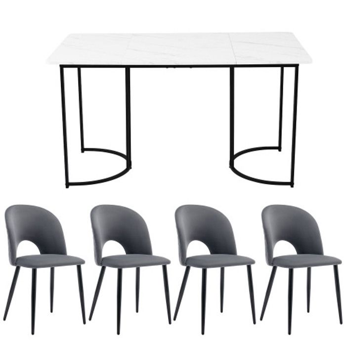 Dining Room Set - MUVOE - 140 X 80 Cm - 4 Velvet Chairs - Adjustable Feet - White MDF