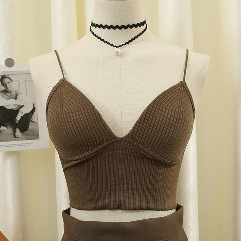 Women Crop Top Sexy Solid Color Sleeveless Straps Tank Tops Ribbed Slim Camis Basic Underwear Lingerie Padded Bra Tops LM