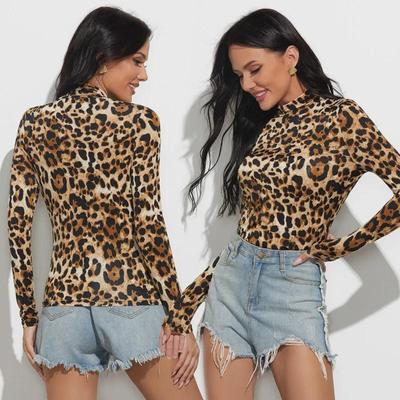 Damslank Leopardmönstrad Höghalsad Långärmad T-shirt - Höstmode Stil