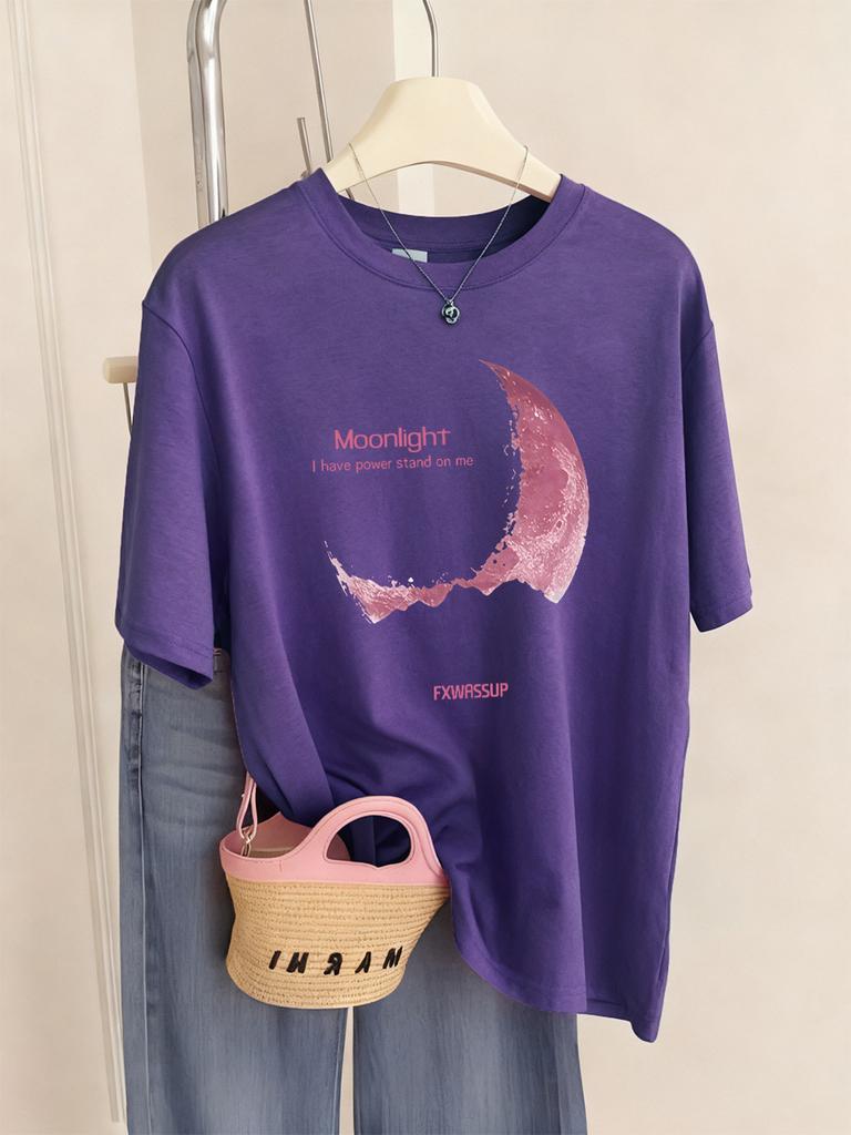 Beautiful Moonlight Prints T-Shirts Women Summer Comfortable Short Sleeve Tops Soft Loose T Shirt Basics O-Neck Womans Clothes