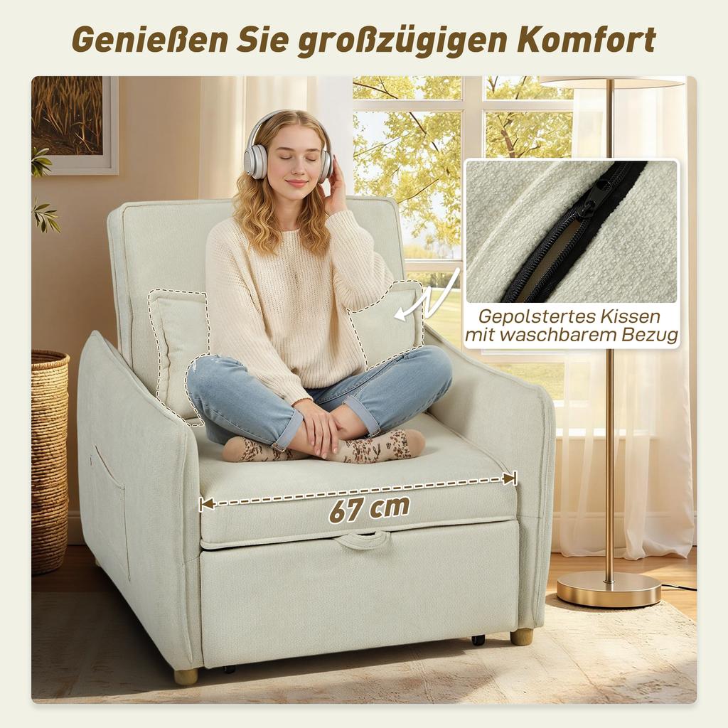 3 In 1 Convertible Armchair With Bed Function Lumbar Pillow For Living Room Cream