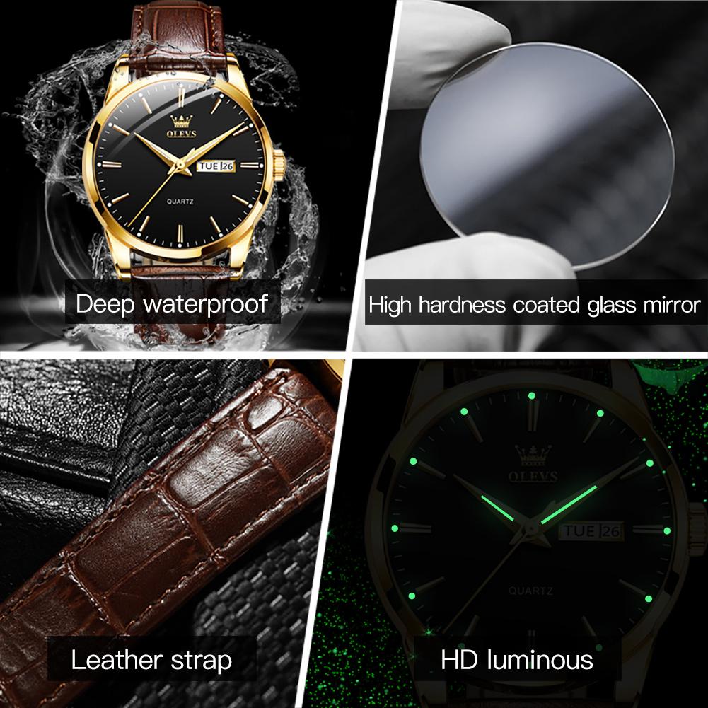 OLEVS 6898 Luxury Quartz Movement Watch for Men Sports Shock-resistant Calendar Leather Luminous Waterproof Mens Wristwatches