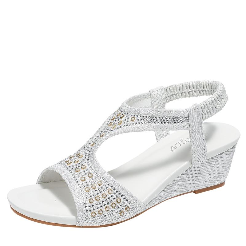 

Roman fashion women s sandals fairy style new middle heel elastic rhinestone wedge sandals 36