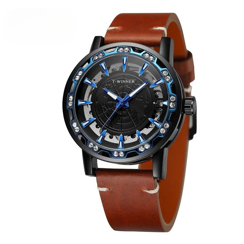 Erkek Moda Rahat Klasik Popüler Yapay Elmas İçi Boş Manuel Mekanik Saat İzle