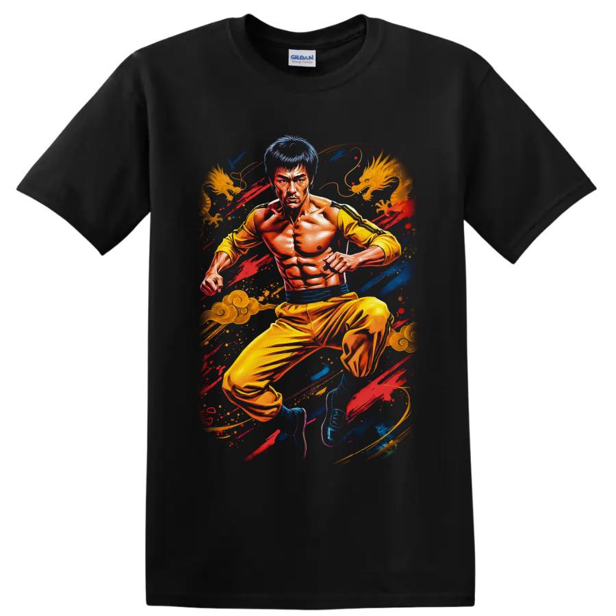 Bruce Lee Martial Arts T Shirt W/ Dragon Graphic Fighting Pose Yellow Ink Tee