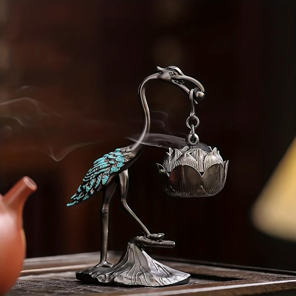 1Pc Elegant Crane & for Lotus Flower Incense Burner - Metal, Home Decor Accent with Creative Line Incense Holder