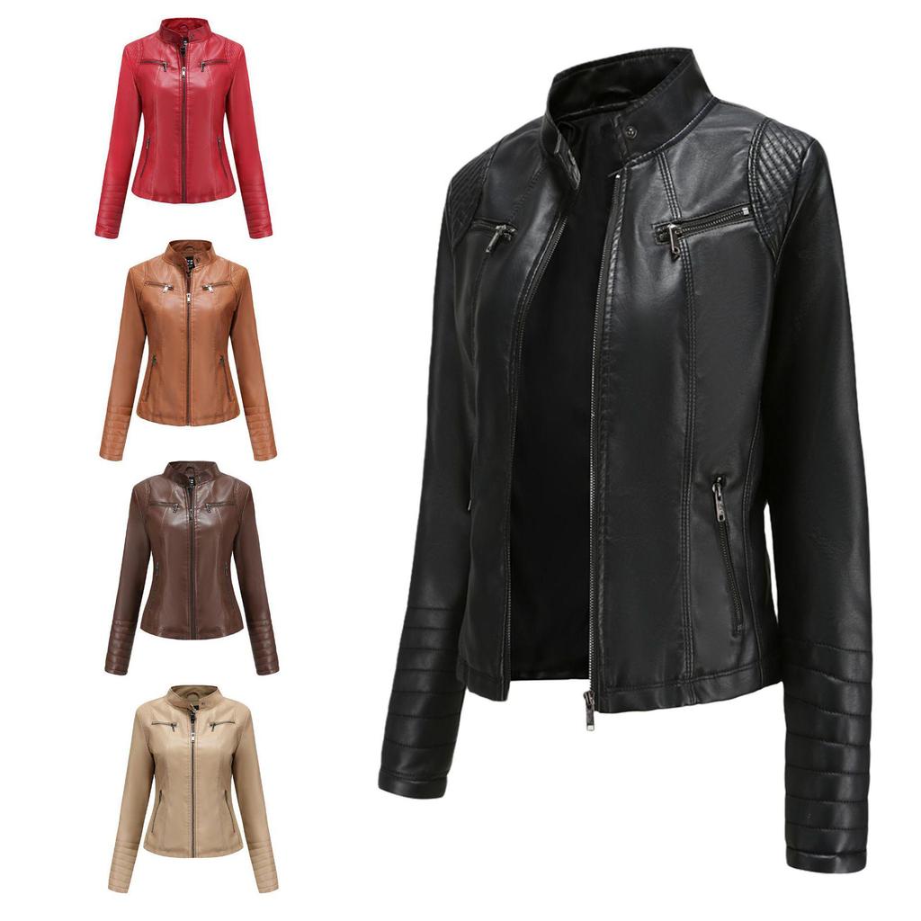 Women's European & American Spring/Autumn Leather Motorcycle Jacket - Stylish Short Design
