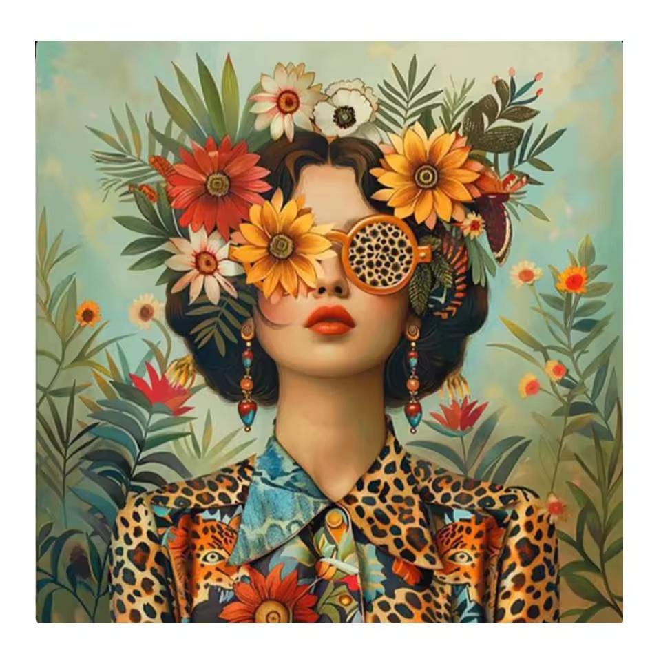 Beautiful Woman with Glasses Flower Canvas Wall Art Painting Posters and Prints Women Wall Art Picture Room Decor Picture