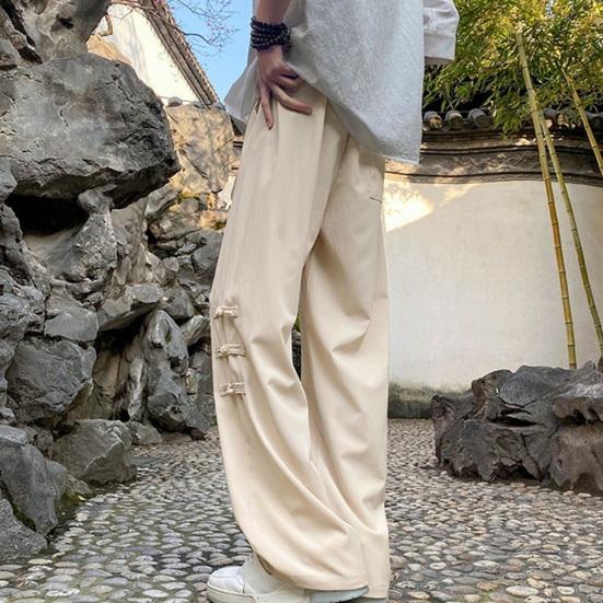 Men Pants Chinese Style Tassel Knot Decor Straight Wide Leg Loose Drawstring Elastic Waist Solid Color Pockets