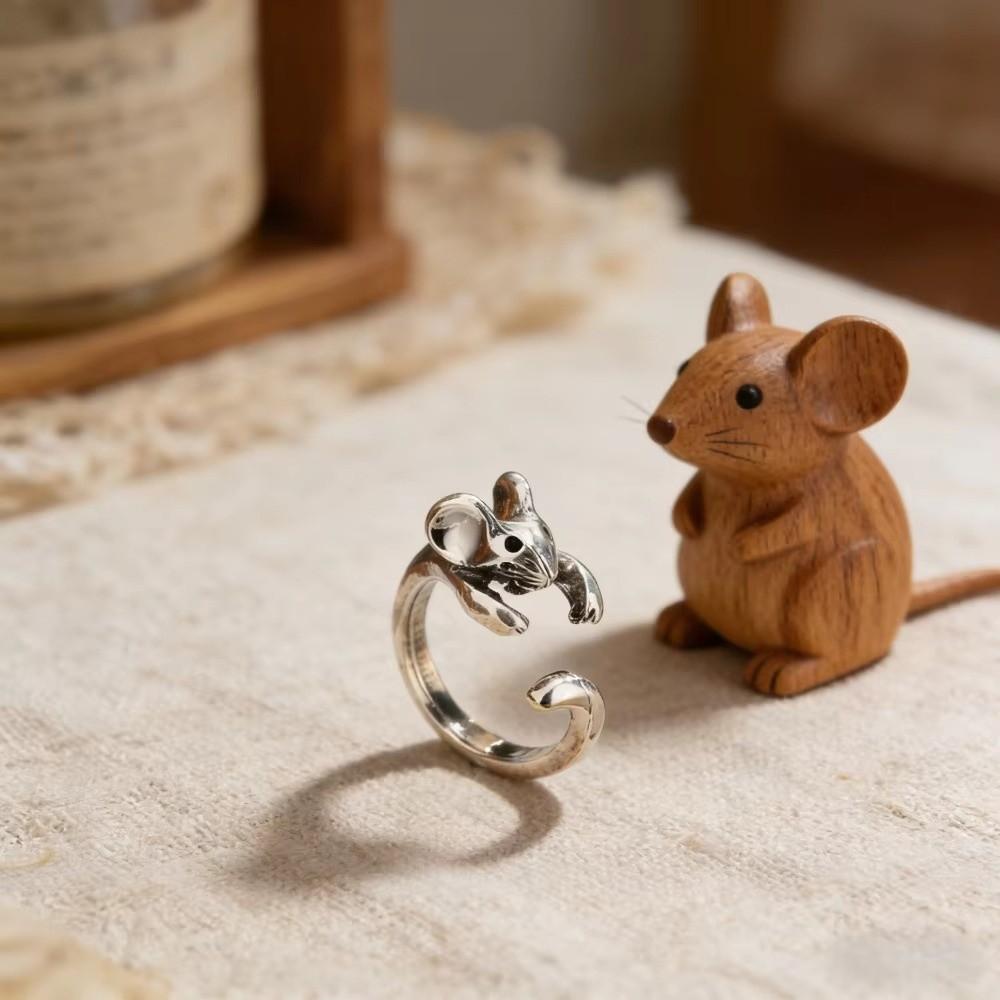 Zinc Zinc Alloy Adjustable Ring Silver Animal Ring Fashion Retro Mouse Ring  Gift