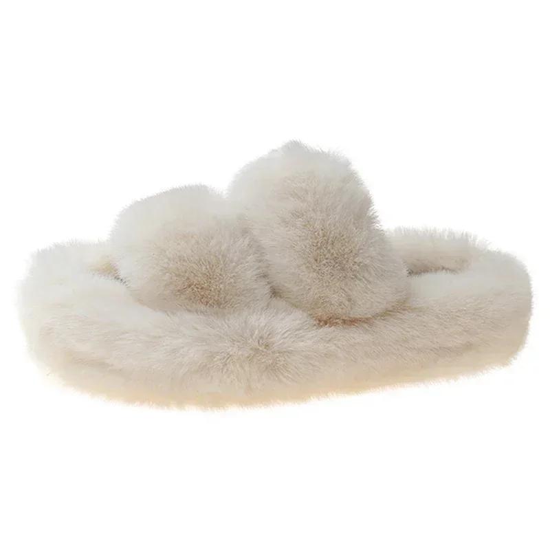 Fashion New Winter Open Toe Slipper Fashion Fur Thick Sole Flats Heel Ladies Casual Slip On Bedroom Shoes Soft Outdoor Slides Shoes