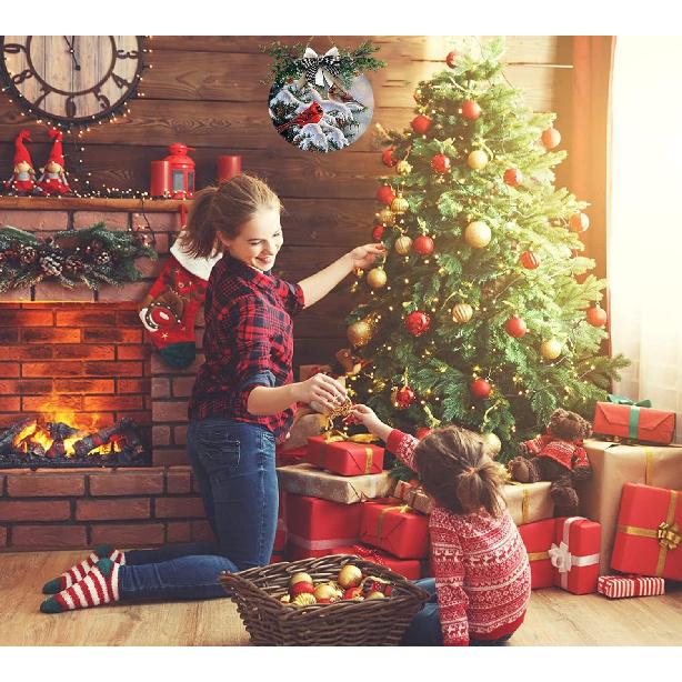 Aowotu Winter Red Bird Door Wreaths for Front Door Outside, Cardinal Branch Round Hanging Signs for Home Decor Holiday Porch Wall Farmhouse Indoor