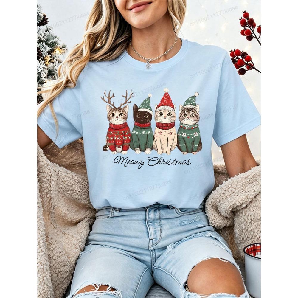 Women Christmas T‑Shirt Meowy Christmas Cute Cat Xmas Sweater Hat Reindeer Print Short Sleeve Casual Holiday Party Tee Tops Gift