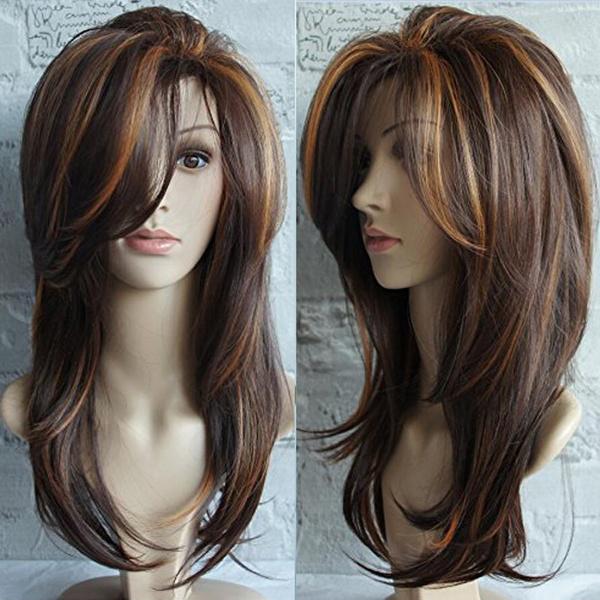 Parrucca Lunga Ondulata Riccia Completa da Donna Capelli Castani Parrucca per Cosplay