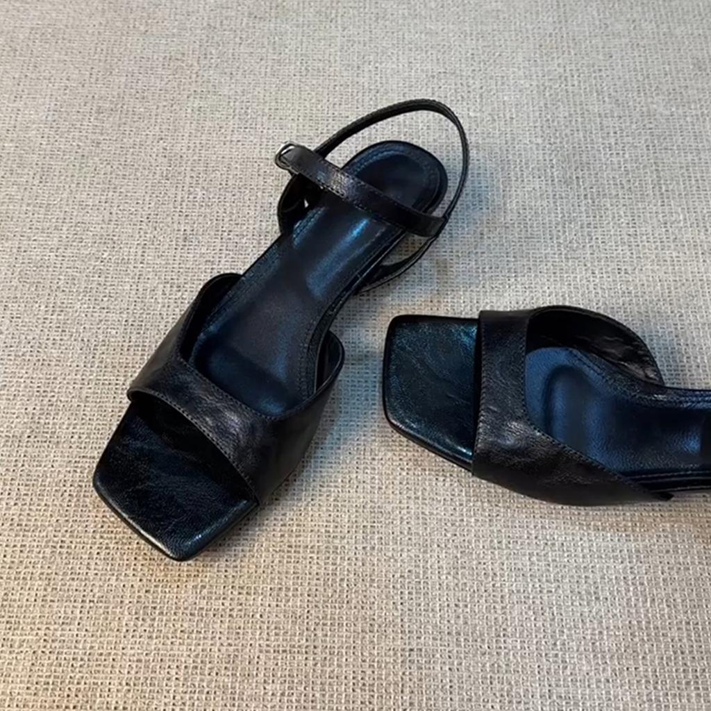 French Retro Simple One-word Buckle Sandals Women's New Versatile Low-heeled Hollow Roman Shoes