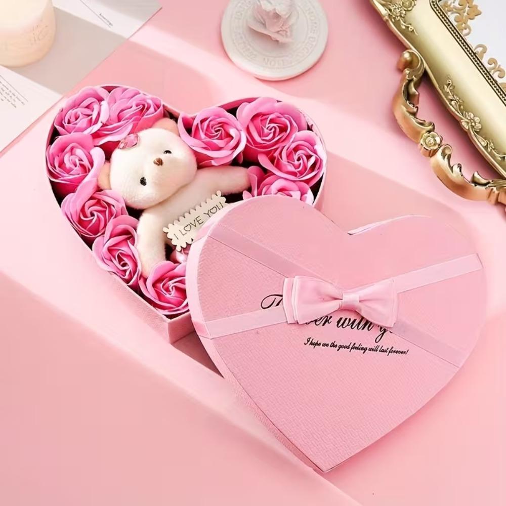 Rose Flower Gift Box with Bear Heart Shape Gift Box for Valentines Day Mothers Day Wedding Home Party Decor Artificial Flowers