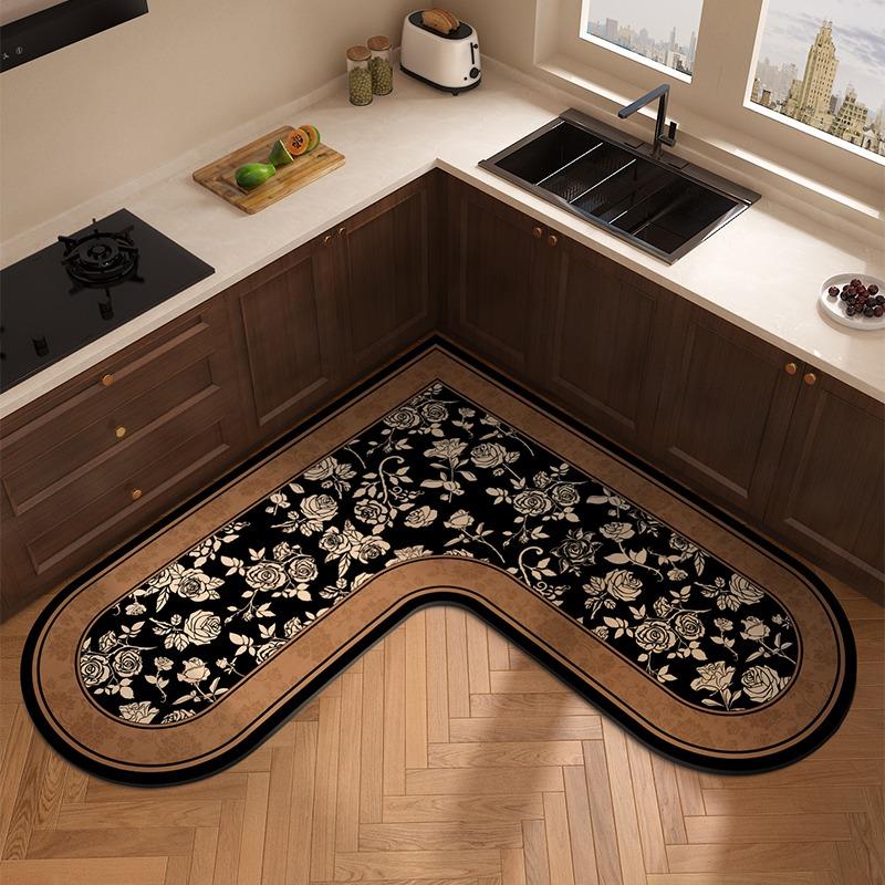 L-shaped Carpet for Kitchen Absorbent Non-slip Floor Mat Minimalist Retro Style Home Decoration Rug Oil Absorption Wipeable