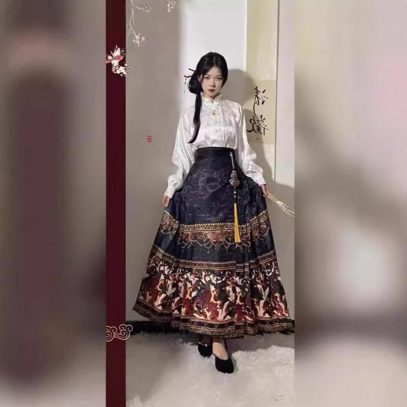 Ming Dynasty Inspired Hanfu Style Stand Collar Blouse With Jacquard Wrap Skirt Women Winter Daily Wear