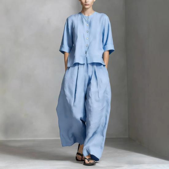 Set Estivi in Cotone e Lino da Donna a 2 Pezzi, Top con Bottoni a Manica Corta e Pantaloni a Gamba Larga, Completi Casual da Casa con Tasche