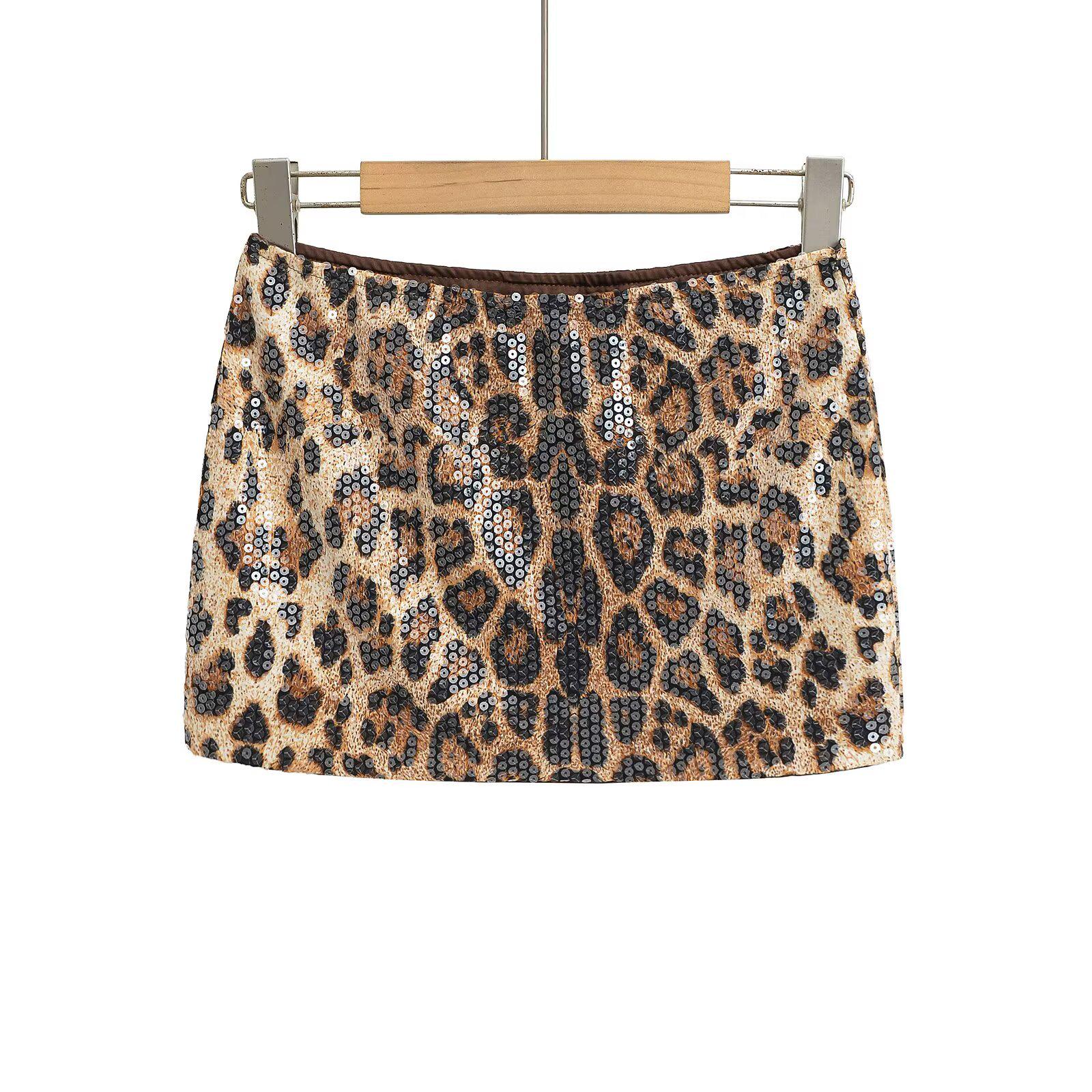 

Spring/Summer 2025 Women s Sequin Patchwork Leopard Print A-Line Midi Skirt Medium темно-коричневого
