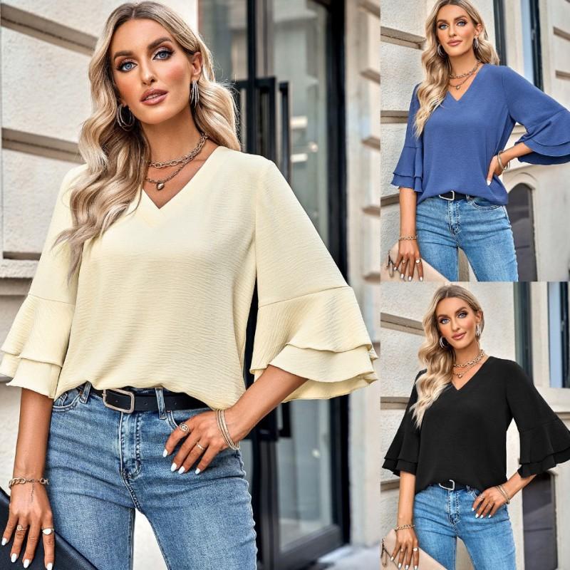 Womens Loose V-Neck Ruffle Sleeve Casual Top - Solid Color Breathable Stretch Fabric Short Blouse Daily Wear