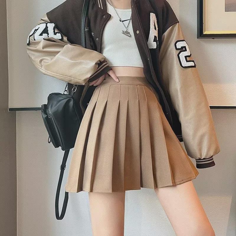 Women's Gray High-Waist Pleated A-Line Skirt - Short, Slim, JK Style for Summer, Spring, and Autumn.