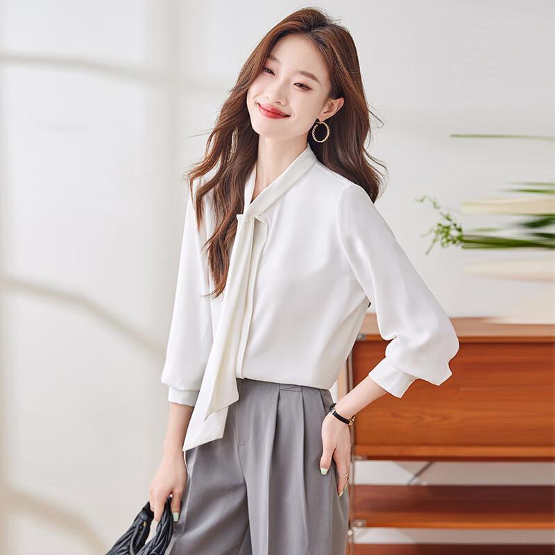 Women's French Style Bow Tie Satin Long Sleeve Blouse