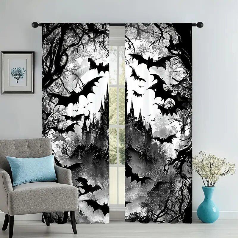 Set Of 2 Halloween Castle Style Patterned Printed Curtains Window Decorations Home Room Curtain Polyester