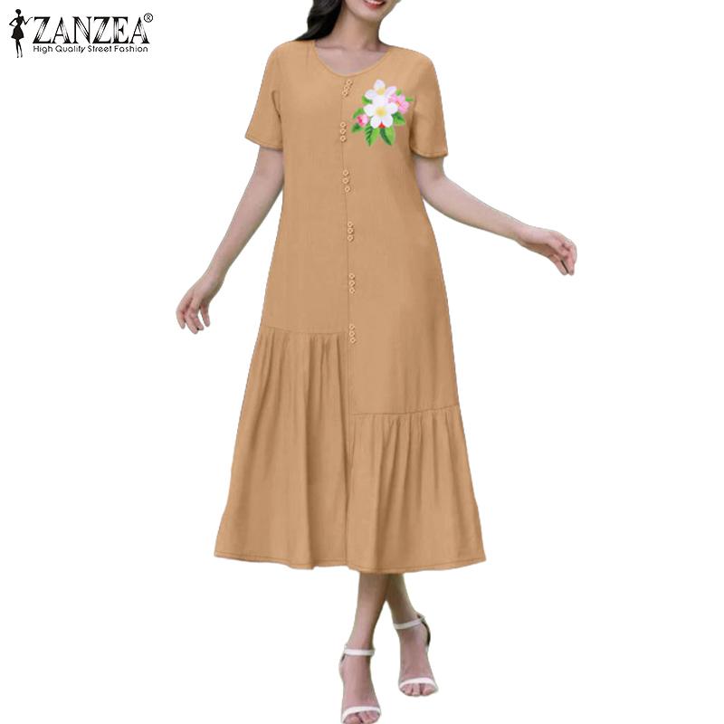 ZANZEA Women Casual Round Neck Short Sleeve Summer Floral Dress