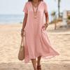 Women's V-Neck Short Sleeve Color Dress with Pockets