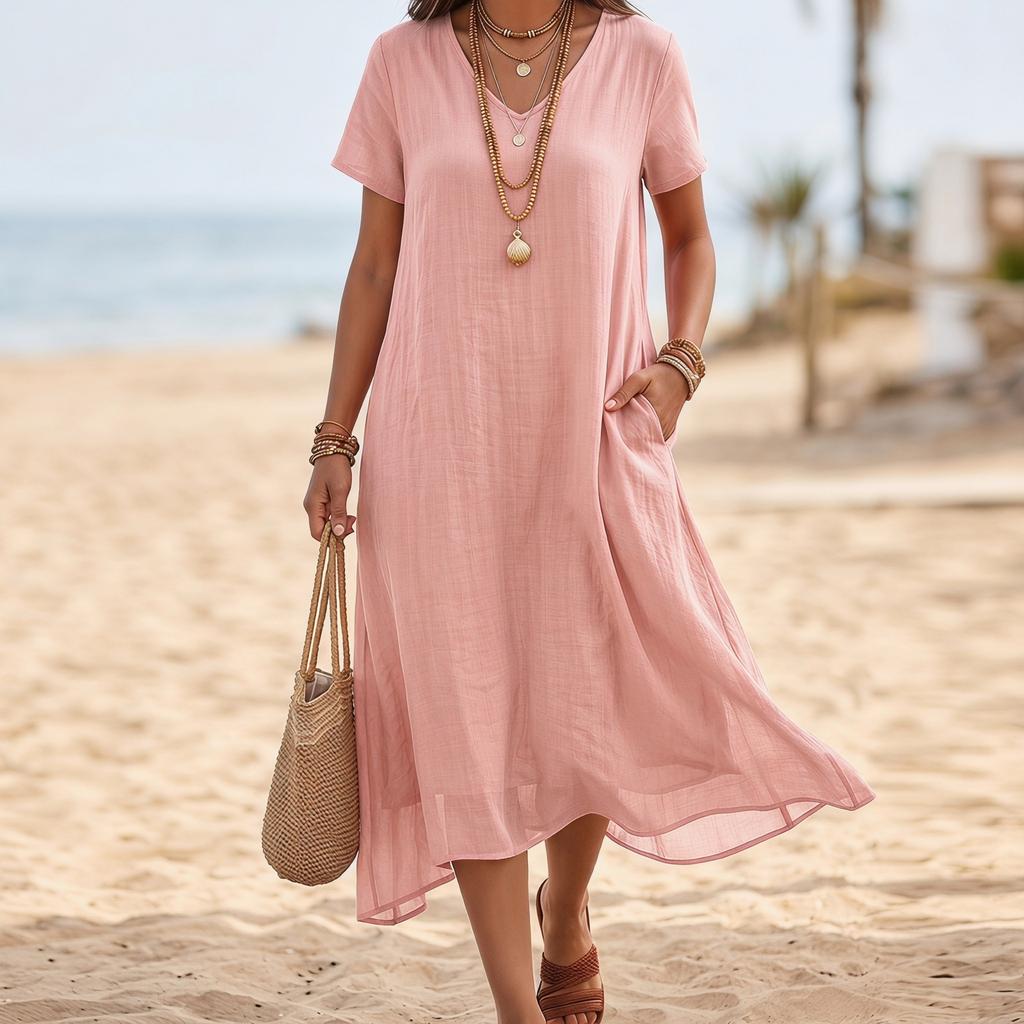 Women's V-Neck Short Sleeve Color Dress with Pockets
