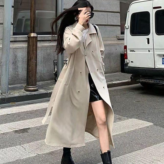 

Elegant Mid-Length Korean Style Trench Coat - Solid Color, Casual Slimming Jacket for Spring & Autumn 2025 S 90-100 lbs