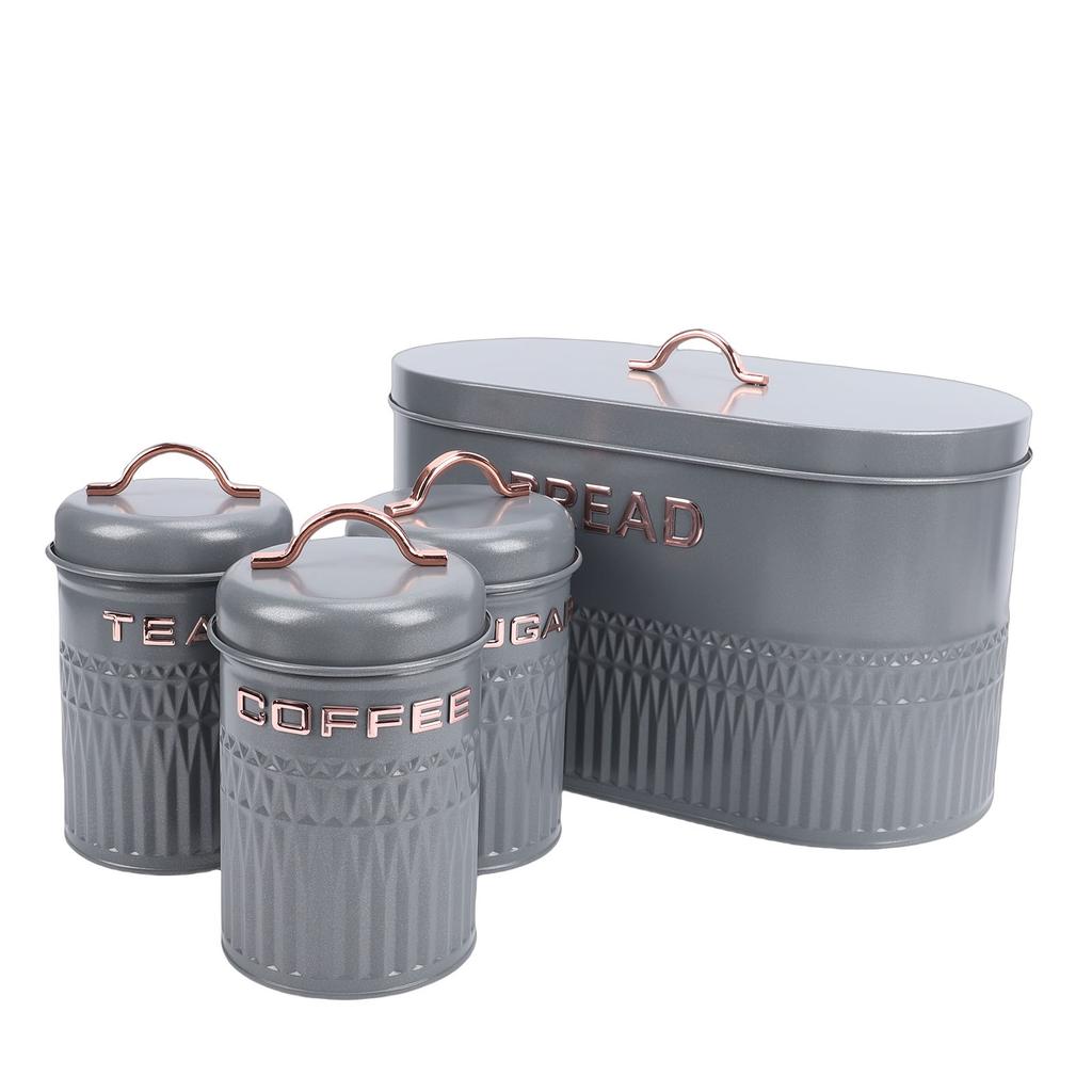 Set da 4 pezzi: Porta pane e barattoli in ferro per cucina, Caffè, Tè, Zucchero, Porta pane in metallo per piano di lavoro