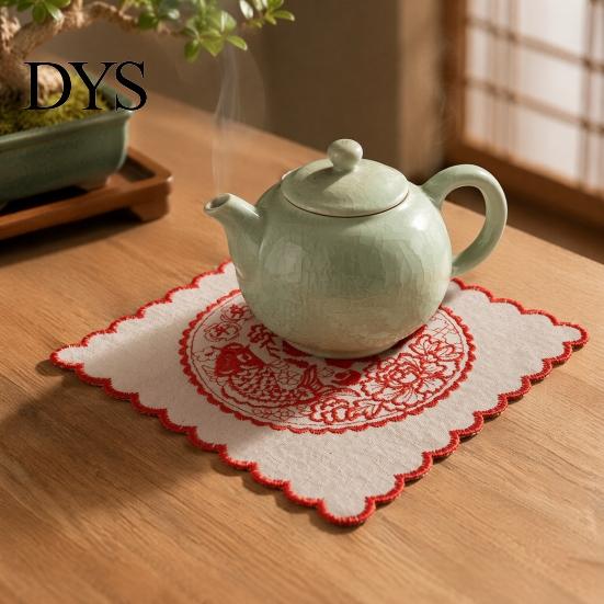 Insulated Hot Pot Pad 5Pcs Red Blessing Embroidered Doilies, Chinese Character Fabric Coaster, Square Decorative Tabletop Protection Mat Place