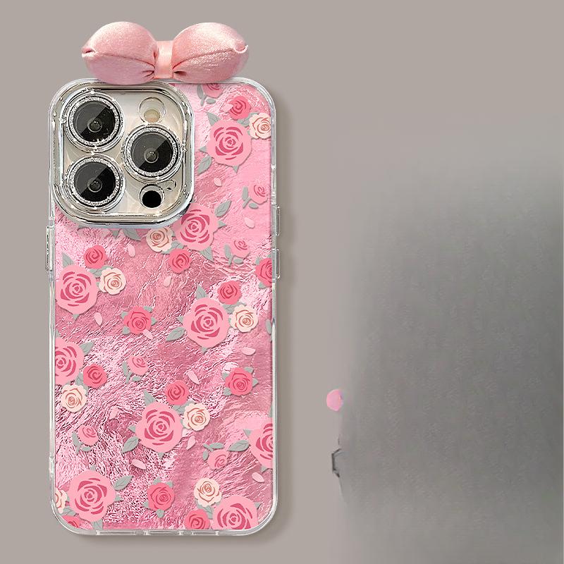 Full Screen Rose Bow Bracket Suitable for Apple 16 Mobile Phone Case 15/14PRO Tin Foil Glacier Pattern 13 Lens Film