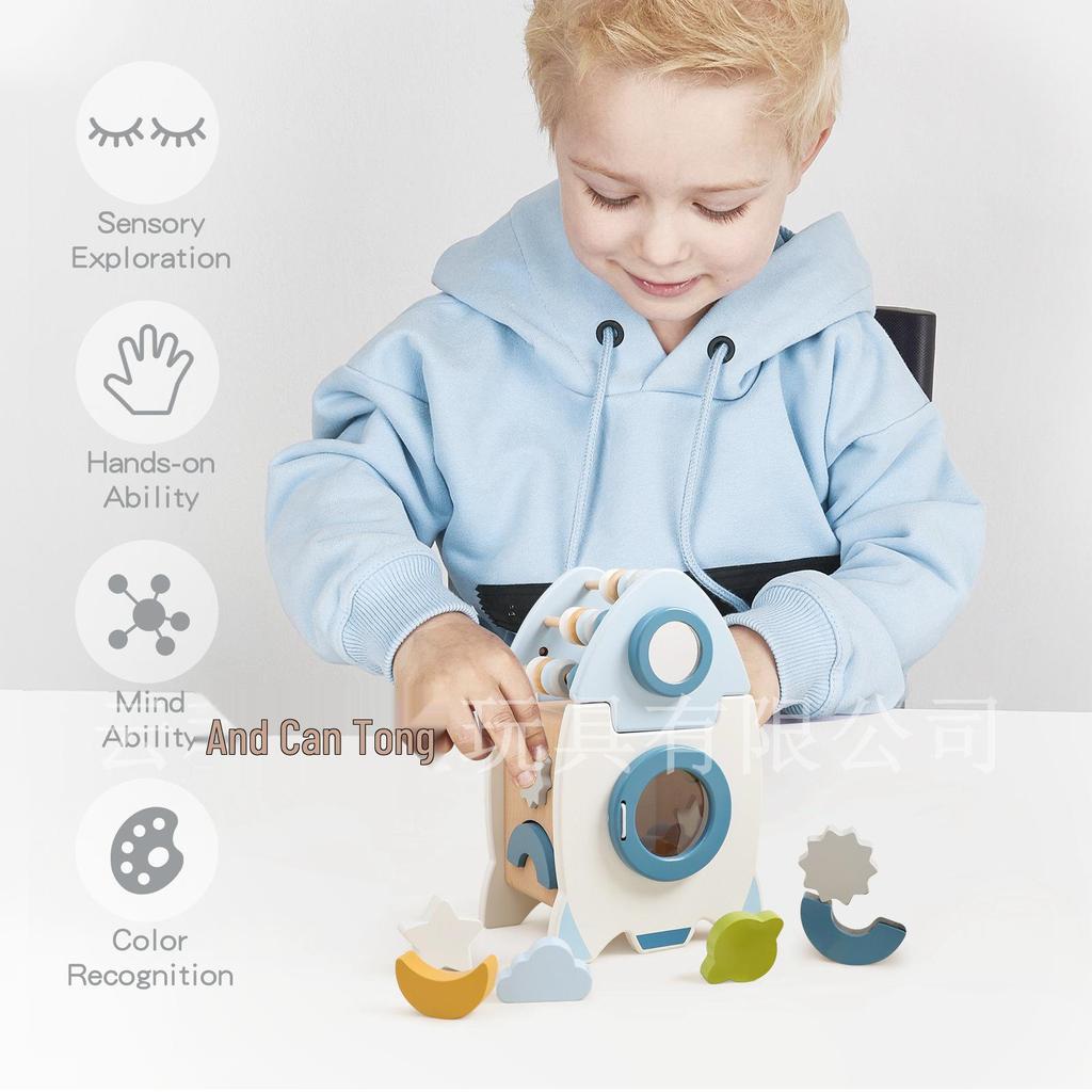 Montessori Wooden Rocket: Early Education 5-in-1 Shape & Bead Matching Toy Set for Children.