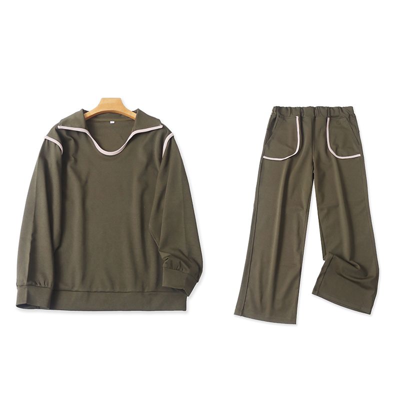 

Топ-пуловер + Брюки палаццо Комплект из воздушного слоя Весна и Осень Новинка круглый вырез Длинный рукав Брюки на эластичной талии 30557 Army Green B- 12-30-1 3XL