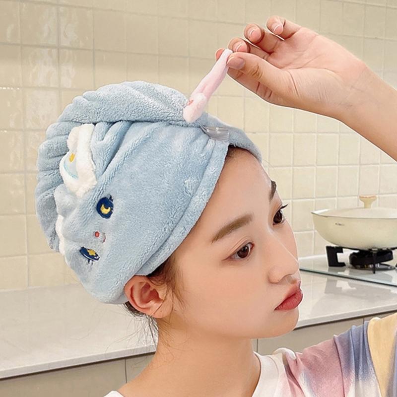Cartoon Rabbit Hair Towel Wrap Hair Dry Hat Absorbent Hair Drying Towel Hair Towel with Button for Bathroom