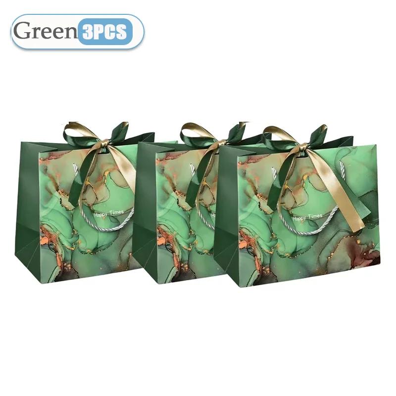Large Marble Tote Bag with Green Gold Ribbon Bow Durable Storage Shopping Bag for Wedding Birthday Party Bridesmaid Gift Use