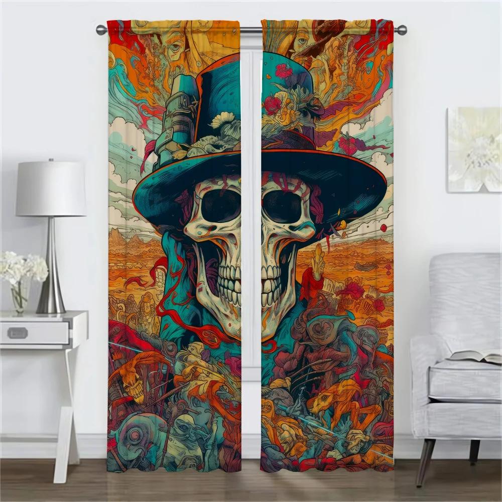 Musical Skull Kitchen Curtains for Living Room Home Interior Curtains 2 Pieces Partition Window Curtain Shades Tulle for Bedroom