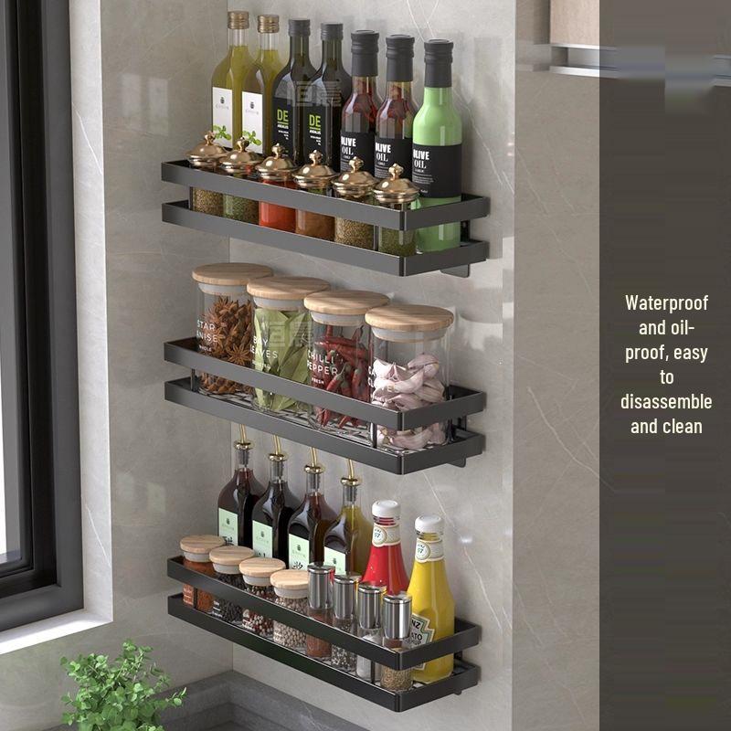 Wall-Mounted Multi-Tier Kitchen Storage Rack, No-Punch Design, for Seasoning and Refrigerator Side Organization