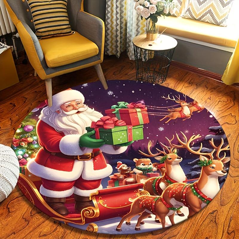 Christmas Round Rug - Santa & Reindeer Design, Non-Slip Polyester Holiday Mat for Living Room & Bedroom Decor