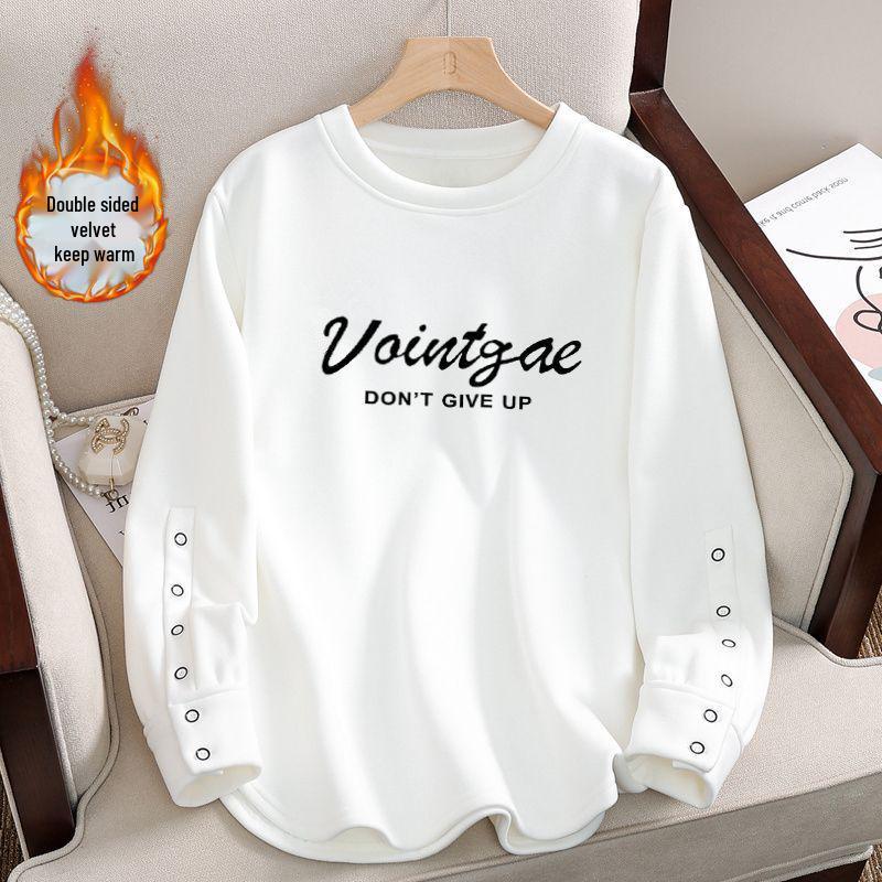 

2024 Autumn/Winter Women s White Cotton Crew Neck Velvet Lined Long Sleeve Top XXXXL