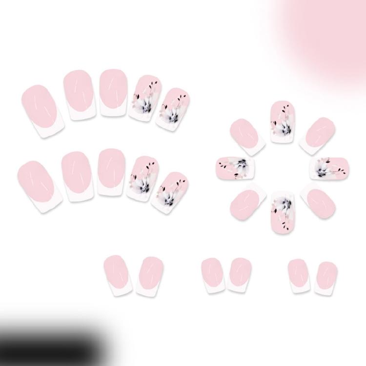 Press On Nail Short Square False Nail French Tip Flower Nail Manicure Decoration Nail Art Accesories For Women 24Pcs
