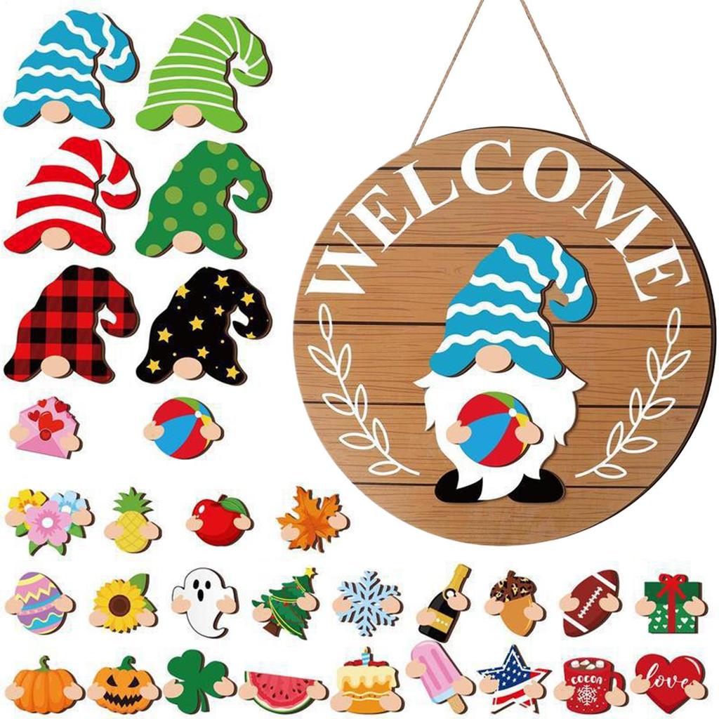 32pcs/set Gnome Welcome Sign Interchangeable Wooden Christmas Sign Holiday Decor With Magnet Pieces And Detachable Hats