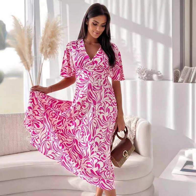 

Женское платье с принтом, V-образным вырезом и коротким рукавом XXL красный